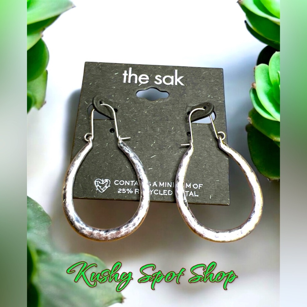 The Sak Silver Recycled Metal Hammered Look Teardrop Hoop Earrings NWT